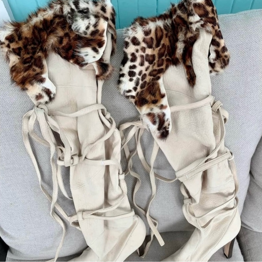 Authentic Manolo Blahnik Over the Knee Boots with Leopard Fur